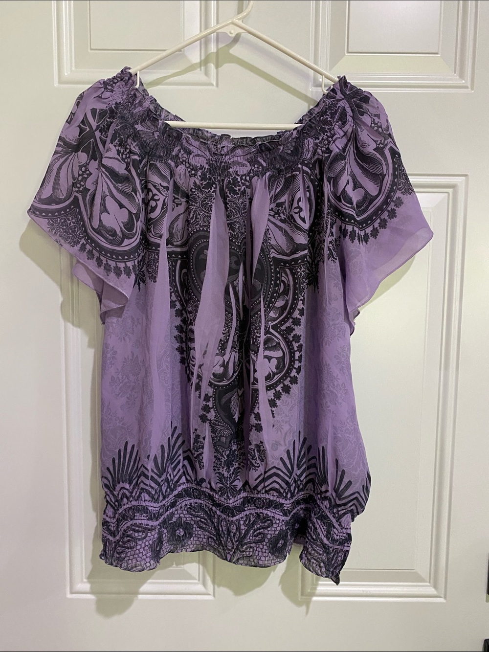 Sami & Jo Lavender Off-Shoulder Tunic with Black Paisley Design